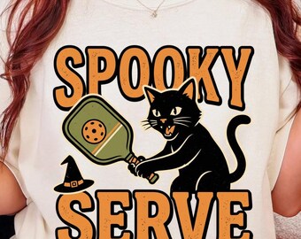 Spooky Serve Pickleball Shirt, Halloween Black Cat Tee, Funny Pickleball Player Gift