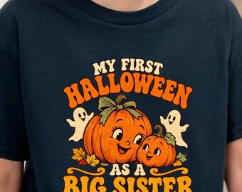 Big Sister Halloween Shirt, Retro Pumpkin Sibling Tee, Cute Fall Kids Graphic