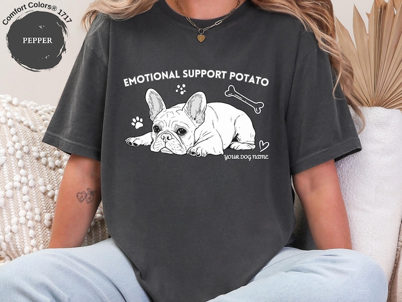 Pepper shirt with sleepy French Bulldog line art illustration featuring custom dog name and “Emotional Support Potato” humorous vintage pet design