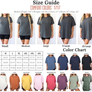 May include: Size guide for Comfort Colors 1717 t-shirts. The image shows models wearing various sizes of the shirt, along with a color chart. Measurements are provided in inches for width, length, and sleeve length for sizes S through 4XL. Available colours include white, ivory, and black.