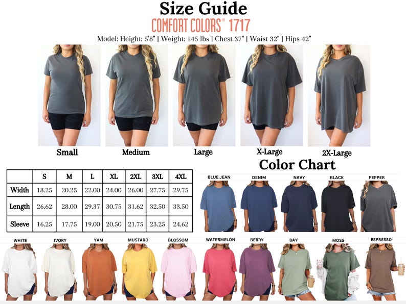 May include: Size guide for Comfort Colors 1717 t-shirts. The image shows models wearing various sizes of the shirt, along with a color chart. Measurements are provided in inches for width, length, and sleeve length for sizes S through 4XL. Available colours include white, ivory, and black.