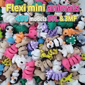 May include: A collection of colorful, flexible mini animal figurines. The image features various animal models in shades of pink, green, white, brown, and purple. Text at the top reads "Flexi mini animals" and "+100 models STL & 3MF".
