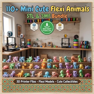 Puede incluir: Un paquete digital de más de 110 mini animales flexibles en formatos de archivo STL y 3MF para impresión 3D. La imagen muestra una colección de pequeñas figuras de animales coloridas y articuladas dispuestas en escalones de madera.