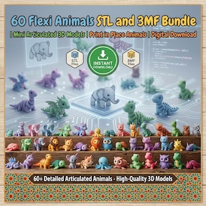 May include: A digital bundle of 60 Flexi Animals STL and 3MF files featuring mini articulated 3D models. The image displays various colorful, small, jointed animal figures including elephants, dragons, and owls arranged on a wooden surface.