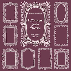 May include: A collection of nine white hand-drawn lace frames on a dark purple background. The central frame features the text "HAND-DRAWN 9 Vintage Lace Frames PNG | SVG VECTOR". Each frame displays intricate, decorative, and scalloped lace patterns.