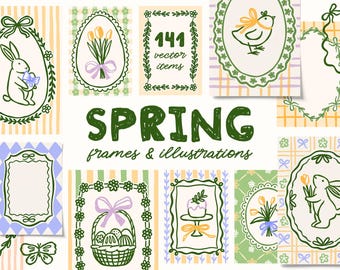 Bundel lente-pasen kaders en illustraties – Grillige Cottagecore Vector Clipart