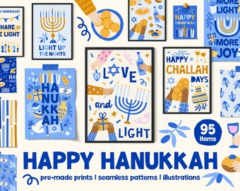 Hanukkah Prints Bundle | Whimsical Hanukkah Cards, Illustrations & Patterns | Festival of Lights Decor