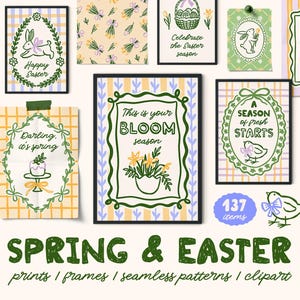 May include: A collection of spring and Easter-themed prints, frames, and patterns. The artwork features floral designs, Easter eggs, bunnies, and inspirational quotes. The color palette includes green, yellow, and white. The text on the image says "Spring & Easter".
