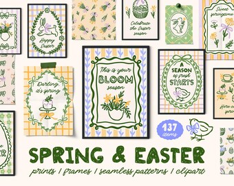 Bundel lente-paasprints, lijsten en patronen – grillige cottagecore-muurkunst, clipart