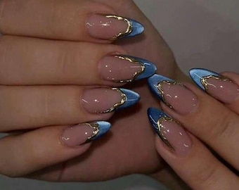 24Pcs Wear Nail Almond Irregular Blue Cat's Eye French Edge 3D Three-Dimensional