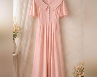 Vintage 80s Prairie Sailor Collar Maxi Dress Pink Stripe 12 Romantic Feminine