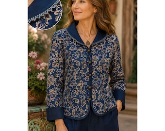 Vintage Asian Paisley Brocade Jacket: Artisan Boho Cottagecore Frog Closure Blue Floral Large