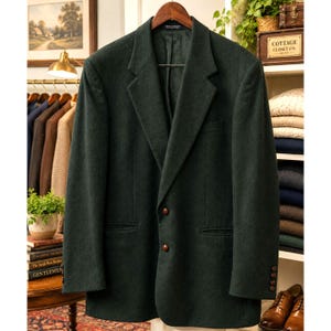 May include: A dark forest green blazer featuring a notched lapel, two brown buttons on the front closure, and four smaller matching buttons on each sleeve cuff. The garment has a structured silhouette with two side pockets and a chest pocket.