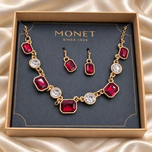 Y2K Vintage Monet Ruby Red Rhinestone Necklace Earrings Set Gold Tone Boxed NIB
