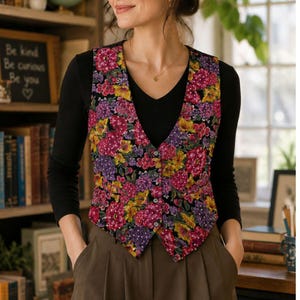 May include: A sleeveless waistcoat featuring a vibrant floral pattern with pink, purple, and yellow blossoms on a black background. The waistcoat has a V-neckline, a button-front closure with four visible buttons, and a pointed hemline, worn over a black top.