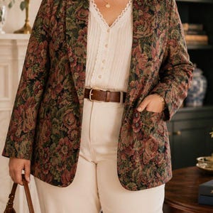 Vintage Floral Tapestry Blazer Jacket – Cottagecore Botanical Open Front One Button (XL)