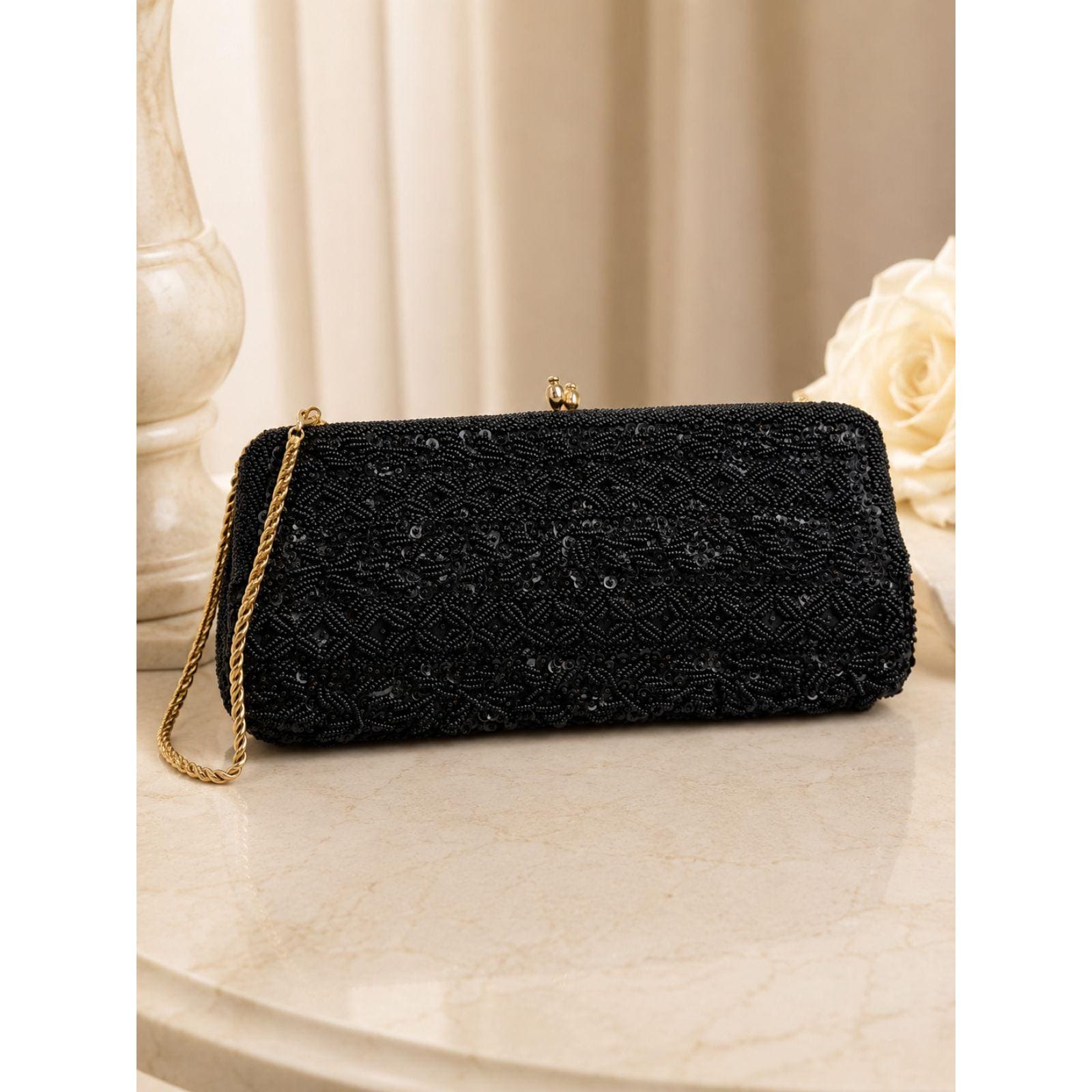 Vintage 1950s Evening Bag Black Beaded Wristlet Clutch with Gold Chain by La Regale