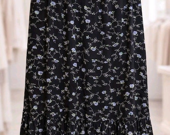 90s Y2K Vintage Sag Harbor Midnight Floral Ruffle Midi Skirt Black Blue 14