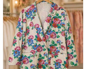 Vintage Candie's Floral Denim Blazer: Oversized Cottagecore Jacket, Roses, 100% Cotton (Medium)
