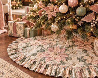 Gonna per albero di Natale in stile cottagecore anni '80, rosa, verde salvia, avorio, con motivo floreale di stelle di Natale, decorazione natalizia vintage trapuntata e arricciata, 60 pollici.