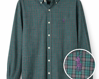 Camisa vintage Ralph Lauren de cuadros escoceses verdes, talla 15.5 M, Purple Pony Heritage, años 90.