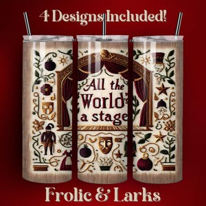 May include: Four insulated tumblers with a theatre-themed design. Each tumbler has a wooden effect background with illustrations of stage elements, including a theatre curtain, masks, and the text "All the World's a Stage". Includes a straw.