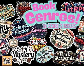 Pegatinas digitales de género literario: Conjunto de imágenes prediseñadas para amantes de los libros (PNG, 300 DPI)