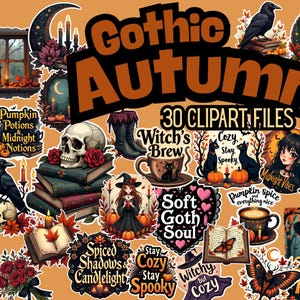 Gothic Autumn Clipart Set: Witch, Cats, Pumpkins (30 PNG Downloadable Graphics