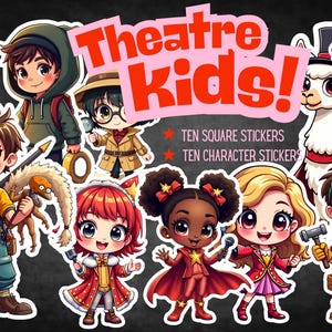 Pegatinas digitales de teatro para niños - 300 DPI - PNG - Diversión teatral - Actuación - Drama - Comedia - Escenario para niños - 20 pegatinas de alta resolución
