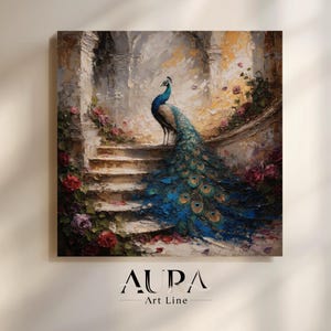 Cuadro de pavo real para pared, elegante lámina de aves, obra de arte romántica para jardín, arte de plumas azules, decoración de pared de estilo vintage, cuadro en lienzo para sala de estar, regalo
