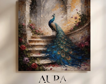 Peacock Wall Art, Elegant Bird Print, Romantic Garden Artwork, Blue Feather Art, Vintage Style Wall Decor, Living Room Canvas Painting, Gift