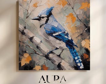 Blue Jay Wall Art, Bird Nature Print, Wildlife Painting, Rustic Woodland Artwork, Colorful Animal Wall Decor, Modern Home Decor, Canvas Gift