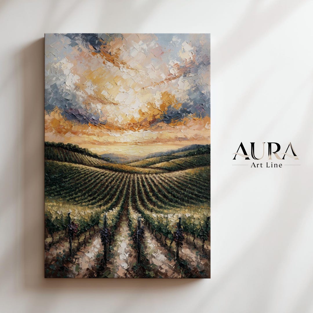 Vineyard Sunset Landscape Wall Art, Rustic Countryside Print, Wine ...