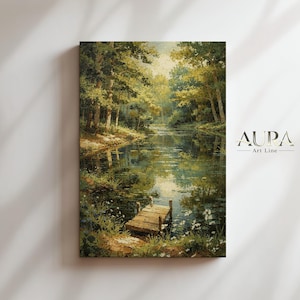 May include: A vertical oil painting on canvas depicting a serene forest landscape with a wooden dock extending into a calm, reflective river. The scene features lush green trees, dappled sunlight, and white wildflowers. The text AURA Art Line is visible.