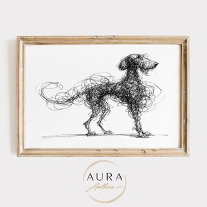 May include: A rectangular wooden frame containing a black and white line art drawing of a dog created with a continuous scribble technique. The dog is standing in profile, facing right, with a long tail and textured fur rendered in chaotic ink lines.