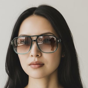 May include: Square-framed sunglasses with a dark green frame and gradient lenses. The lenses reflect the surrounding environment. The sunglasses are worn by a person with long, dark hair and a black top.