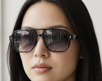 Retro Double Bridge Aviator Sunglasses Men Women Black Frame Vintage 70s Style UV Protection Trendy Square Pilot Shades