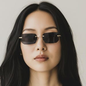 Puede incluir: Gafas de sol sin montura con lentes rectangulares oscuras y monturas de metal dorado. Las gafas de sol son usadas por una persona con cabello largo y oscuro y una parte superior negra. Primer plano.