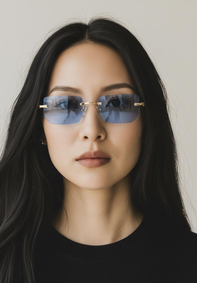 Rimless Rectangle Sunglasses Black Lenses Gold Black Frame 