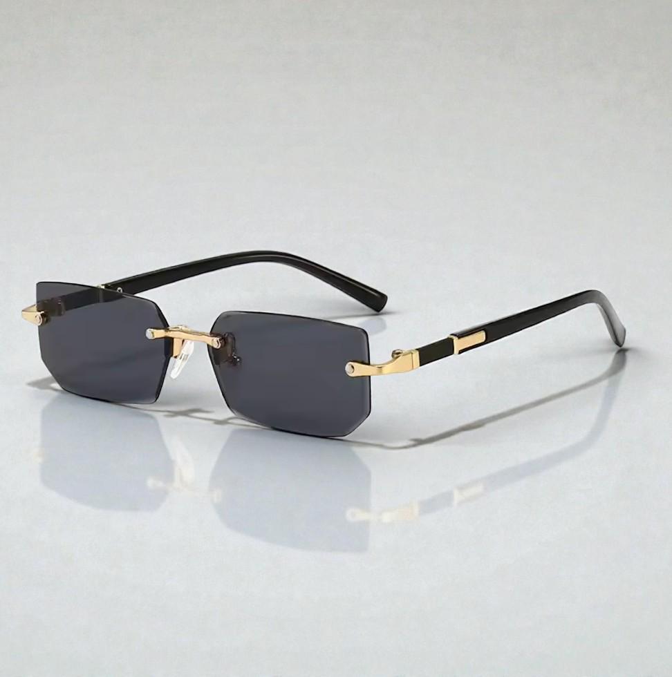 Rimless Rectangle Sunglasses Black Lenses Gold Black Frame  display picture 3