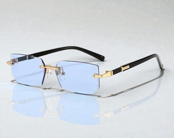 Rimless Rectangle Sunglasses Black Lenses Gold Black Frame  display picture 3