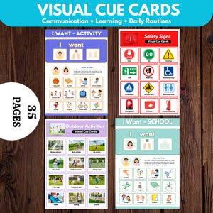May include: A set of 35 visual cue cards for communication, learning, and daily routines. The cards feature grids with illustrations and text labels for activities, safety signs, and school tasks, including sections titled I Want Activity, Safety Signs, and I Want School.