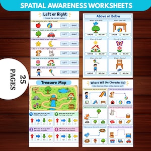 Puede incluir: Un conjunto de 25 páginas de hojas de trabajo de conciencia espacial con ilustraciones coloridas. Las páginas incluyen ejercicios de Left or Right, Above or Below, Treasure Map y Where Will the Character Go con flechas e iconos.