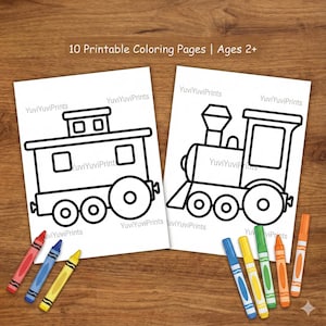 Peut inclure: Deux pages à colorier blanches avec des dessins au trait noirs de trains. Le texte "10 Printable Coloring Pages | Ages 2+" est en haut. Des crayons de couleur de différentes couleurs sont éparpillés autour des pages. La marque "YuviYuviPrints" est imprimée sur les pages.