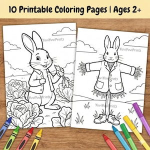 Puede incluir: Dos páginas para colorear imprimibles con ilustraciones de conejos, con el texto "10 Printable Coloring Pages | Ages 2+". Un conejo sostiene una zanahoria, el otro está vestido de espantapájaros. Lápices de colores y rotuladores están dispersos.