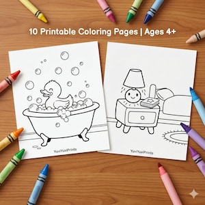 May include: Two printable coloring pages with black line drawings of a duck in a bathtub and a nightstand with a lamp. The text "10 Printable Coloring Pages | Ages 4+" is at the top. Crayons of various colors surround the pages.