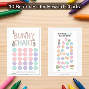 May include: Two reward charts with Beatrix Potter illustrations. One chart says "Bunny Chart" with colorful circles for tracking progress. The other says "You Can Do It! Reward Chart" with a bunny and carrot graphics. The text "10 Beatrix Potter Reward Charts" is at the top.