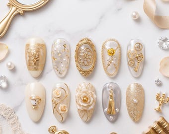 Beauty and the Beast Press On Nails, Fairytale Rose Gold Nails, Luxury Handmade Nail Art Set