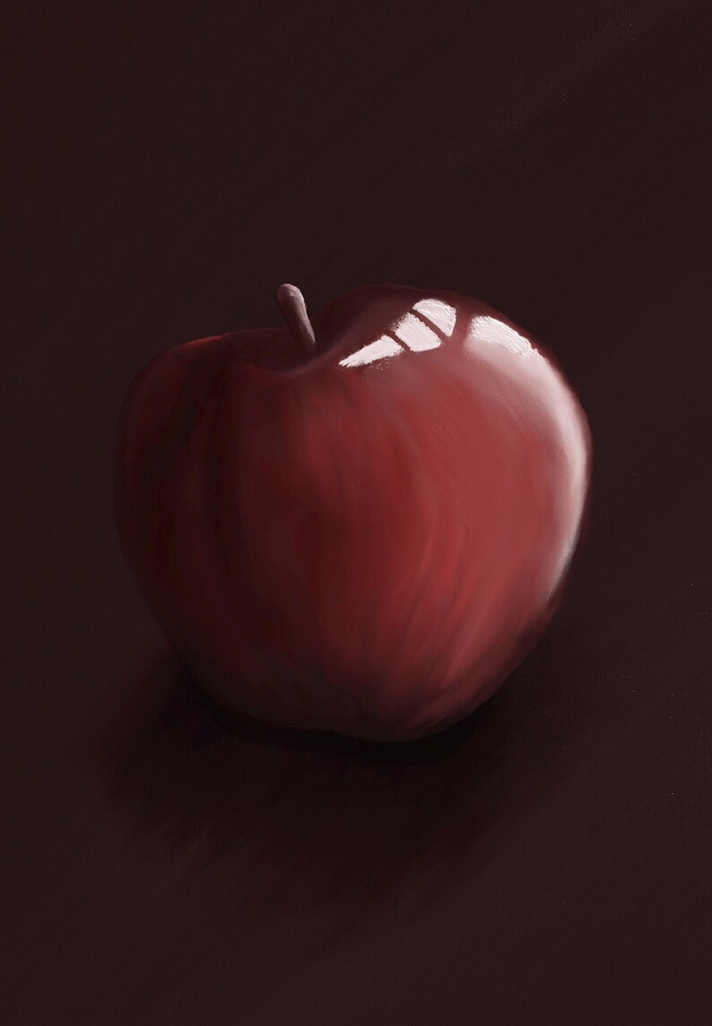 May include: A deep red apple with a smooth, glossy surface and a small stem at the top. The fruit features a prominent white highlight reflecting light on its rounded side, set against a dark, solid, and uniform background colour.