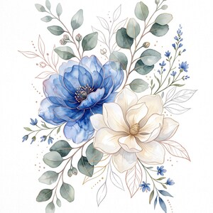 May include: A watercolour illustration of a floral arrangement featuring a large, translucent blue flower and a creamy white magnolia blossom. The bouquet is accented with green eucalyptus leaves, delicate blue sprigs, and fine gold line art.